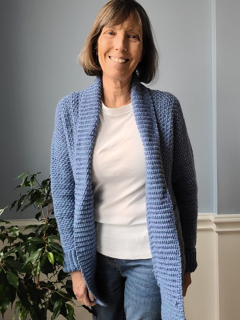 Cloverwood Cardigan – Crochet Pattern for Relaxed Linen Stitch Cardigan  with Pockets and Ribbed Collar [Size Inclusive from XS-5X] - Knits 'N Knots