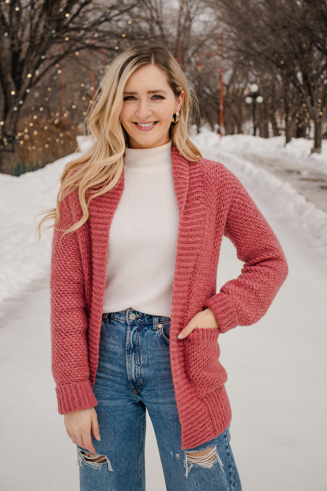 Cloverwood Cardigan – Crochet Pattern for Relaxed Linen Stitch Cardigan  with Pockets and Ribbed Collar [Size Inclusive from XS-5X] - Knits 'N Knots