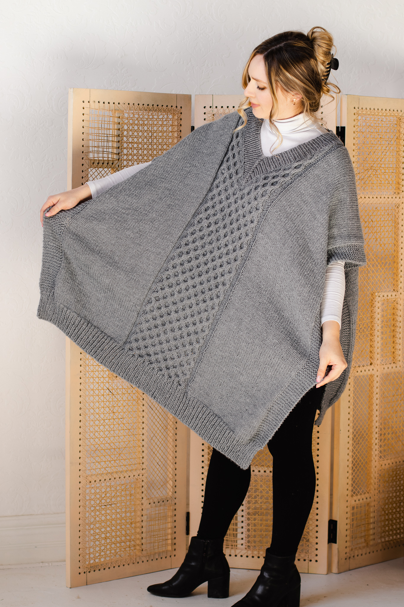 Quail Ridge Poncho – Knitting Pattern for V-Neck Poncho with Honeycomb ...