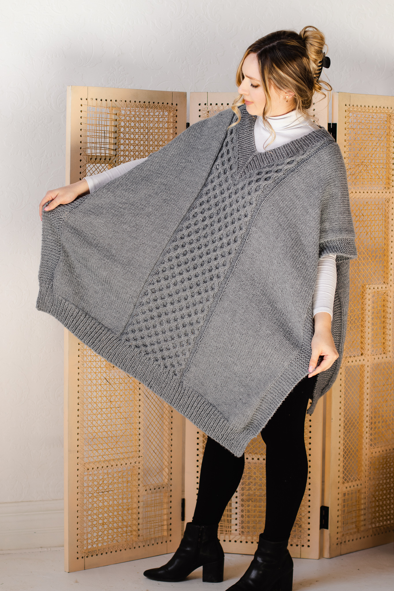 Wool poncho, knitted poncho, cable knit poncho