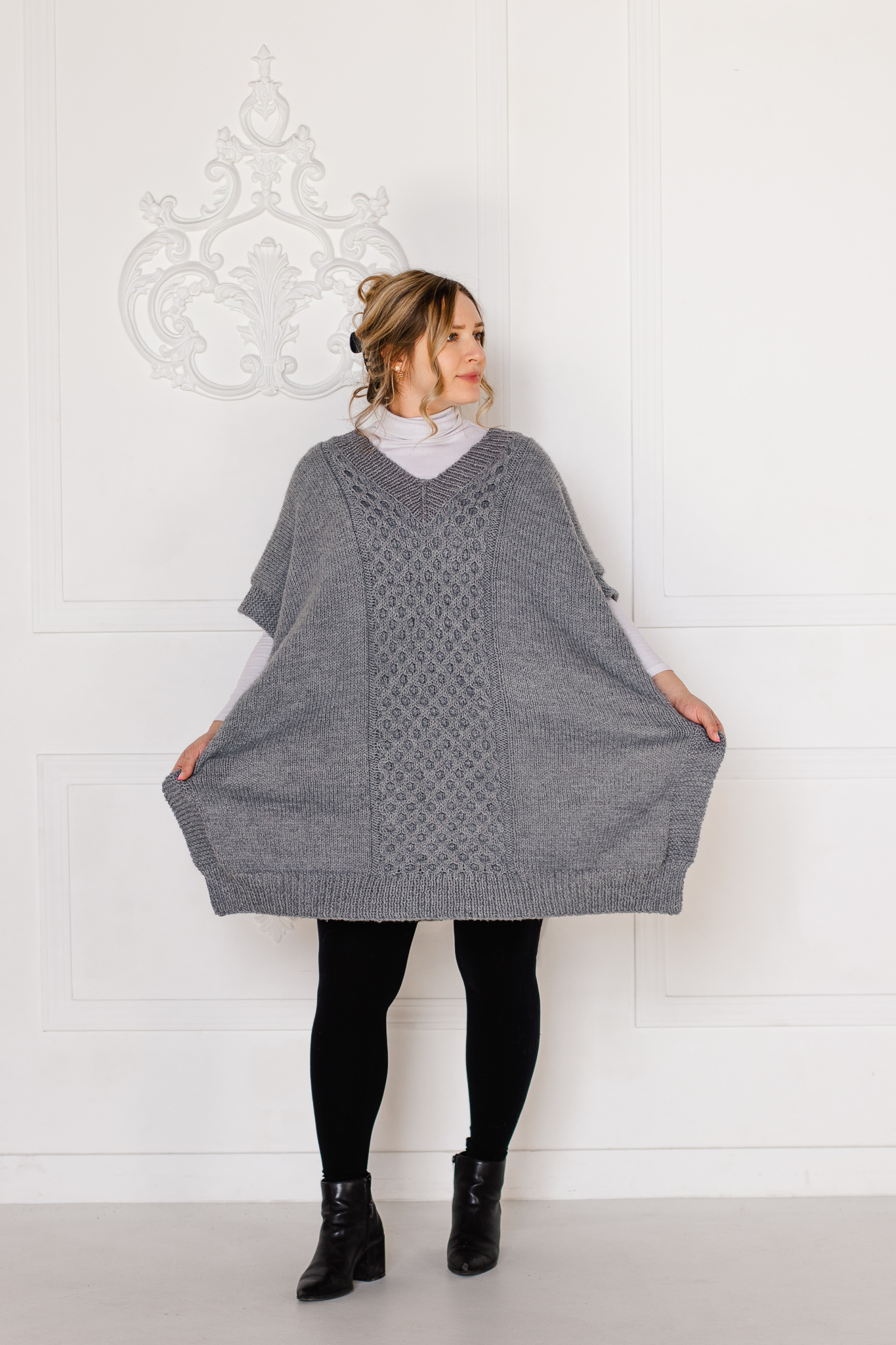Quail Ridge Poncho – Knitting Pattern for V-Neck Poncho with Honeycomb ...