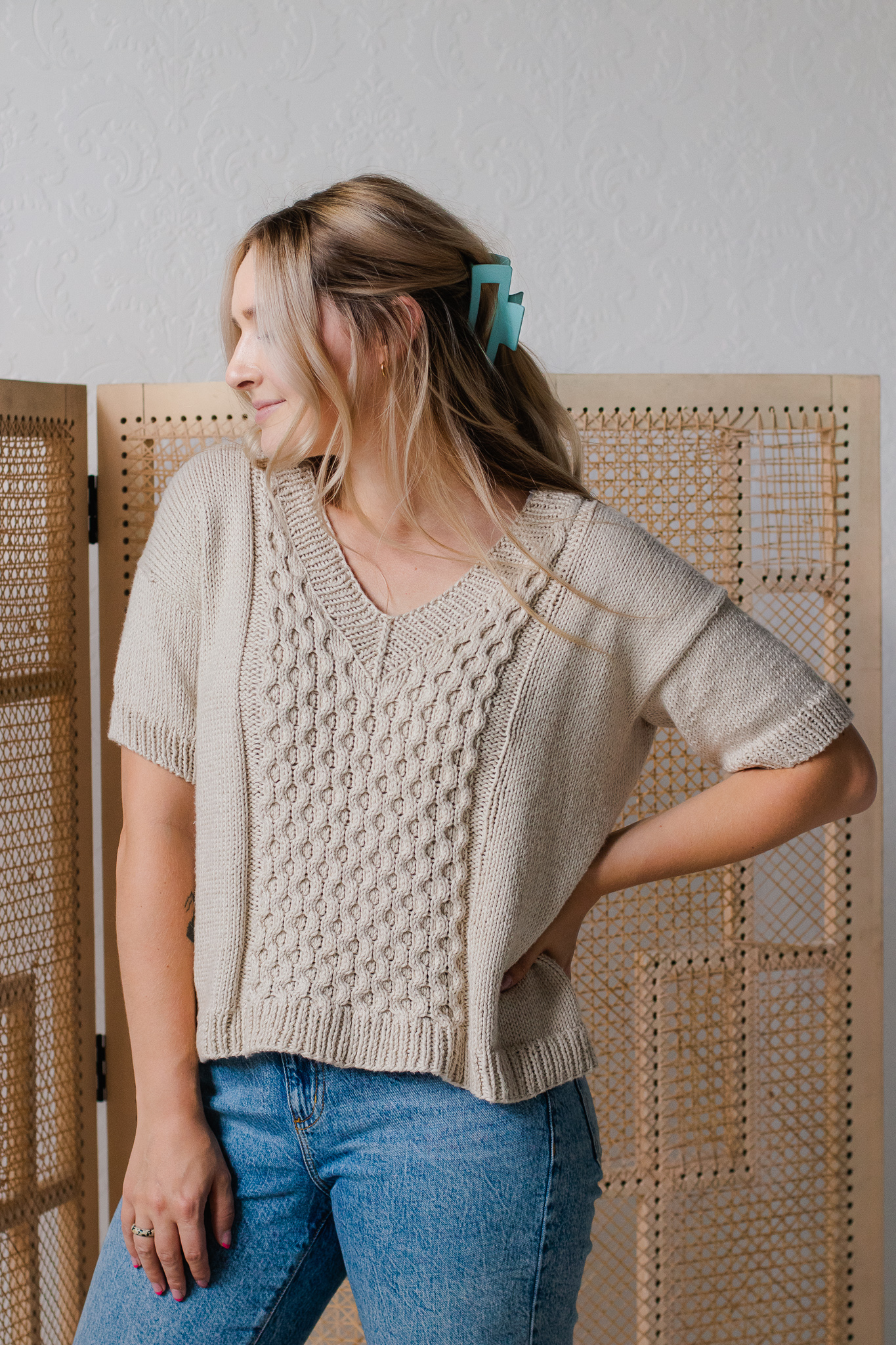 CLANE】Crochet V Neck Knit Tops-